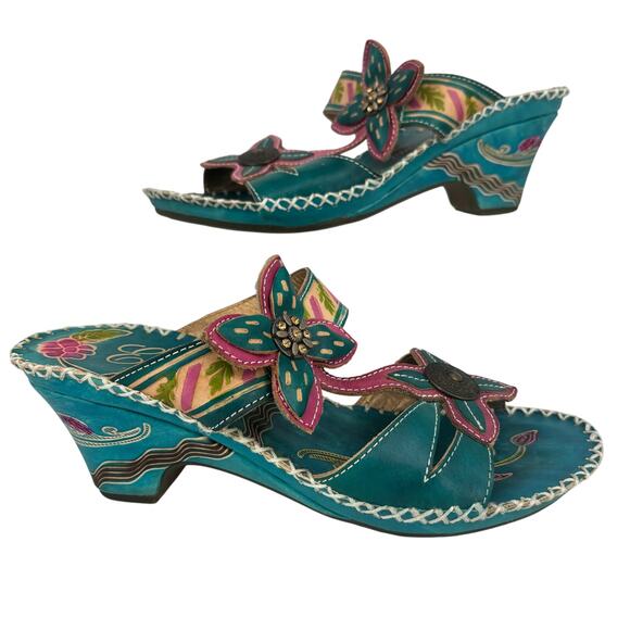 Elite by Corkys Poppy Sandals Womens Size 8 Turquoise Leather Floral Embellished - Picture 1 of 13